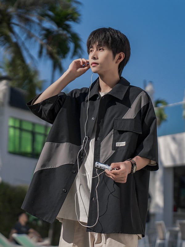 Férfi nyári patchworkos rövid ujjú ing Japán Cityboy stílusban, laza szabás