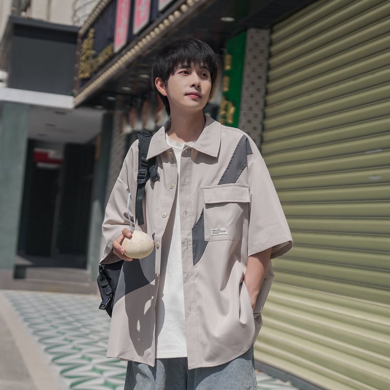 Férfi nyári patchworkos rövid ujjú ing Japán Cityboy stílusban, laza szabás