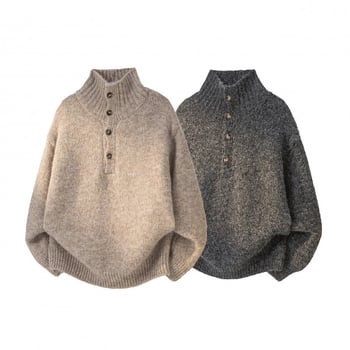 Férfi téli kötött pulóver magas gallérral, polo-stílusú, laza szabás, elegáns, divatos.