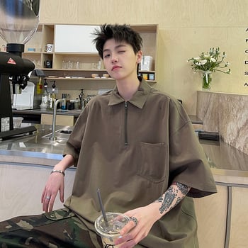 Cityboy japán stílusú rövid ujjú férfi poloing, laza szabás, fél cipzárral