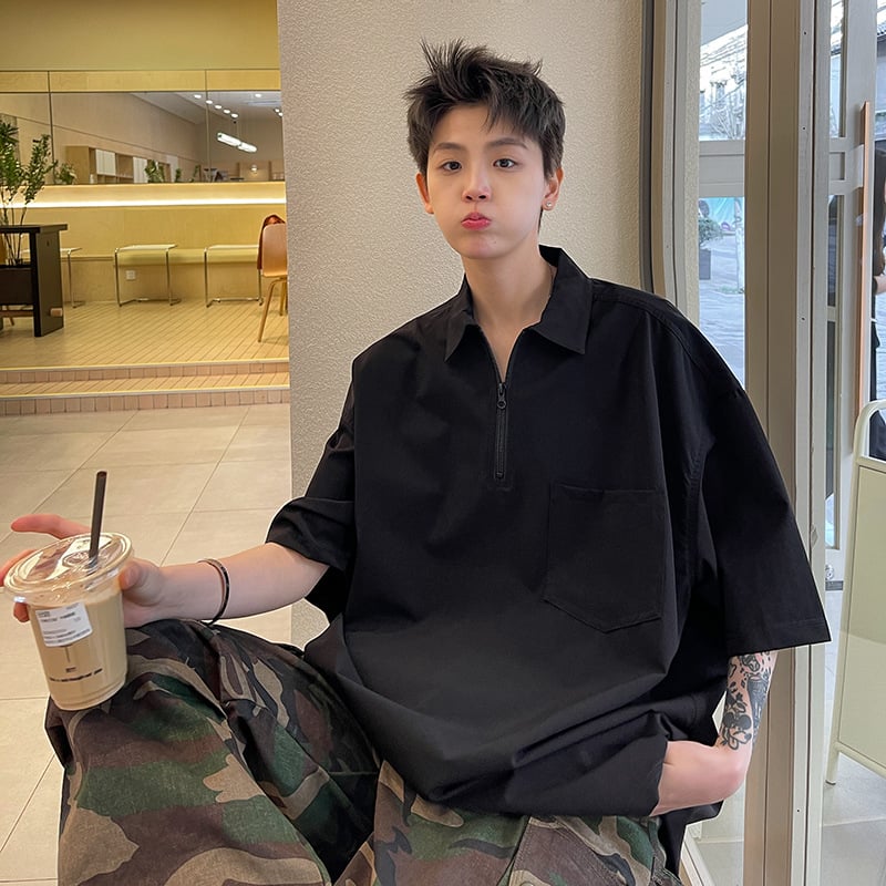 Cityboy japán stílusú rövid ujjú férfi poloing, laza szabás, fél cipzárral
