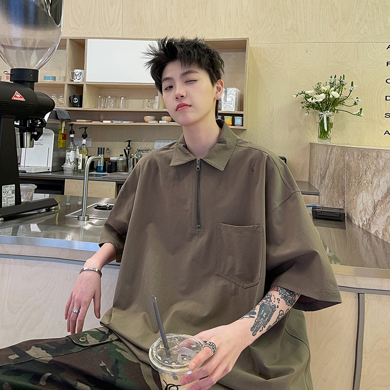Cityboy japán stílusú rövid ujjú férfi poloing, laza szabás, fél cipzárral