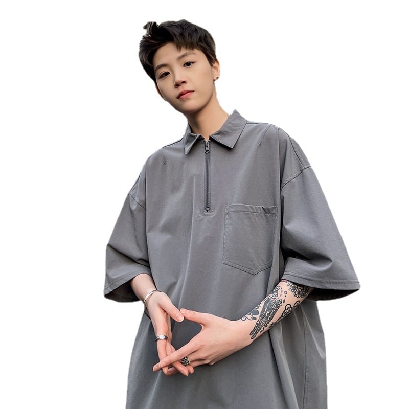 Cityboy japán stílusú rövid ujjú férfi poloing, laza szabás, fél cipzárral