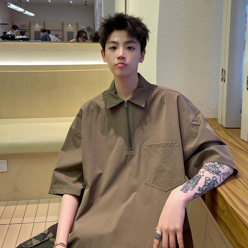 Cityboy japán stílusú rövid ujjú férfi poloing, laza szabás, fél cipzárral