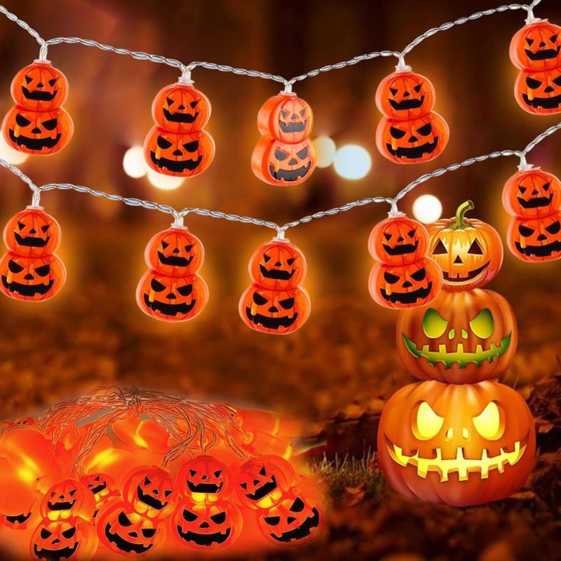 LED reťaz s dvojvrstvovými tekvicami na Halloween, malé farebné svetlá, dekor do dvora