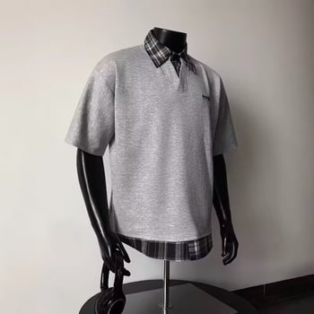 Ανδρικό polo με ιαπωνικό ρετρό στυλ και patchwork καρό, κοντό μανίκι, άνετη εφαρμογή, καλοκαιρινό στυλ κολλεγίου, casual