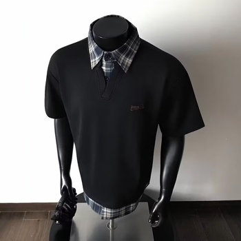 Ανδρικό polo με ιαπωνικό ρετρό στυλ και patchwork καρό, κοντό μανίκι, άνετη εφαρμογή, καλοκαιρινό στυλ κολλεγίου, casual