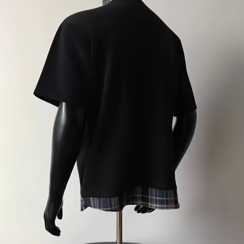 Ανδρικό polo με ιαπωνικό ρετρό στυλ και patchwork καρό, κοντό μανίκι, άνετη εφαρμογή, καλοκαιρινό στυλ κολλεγίου, casual