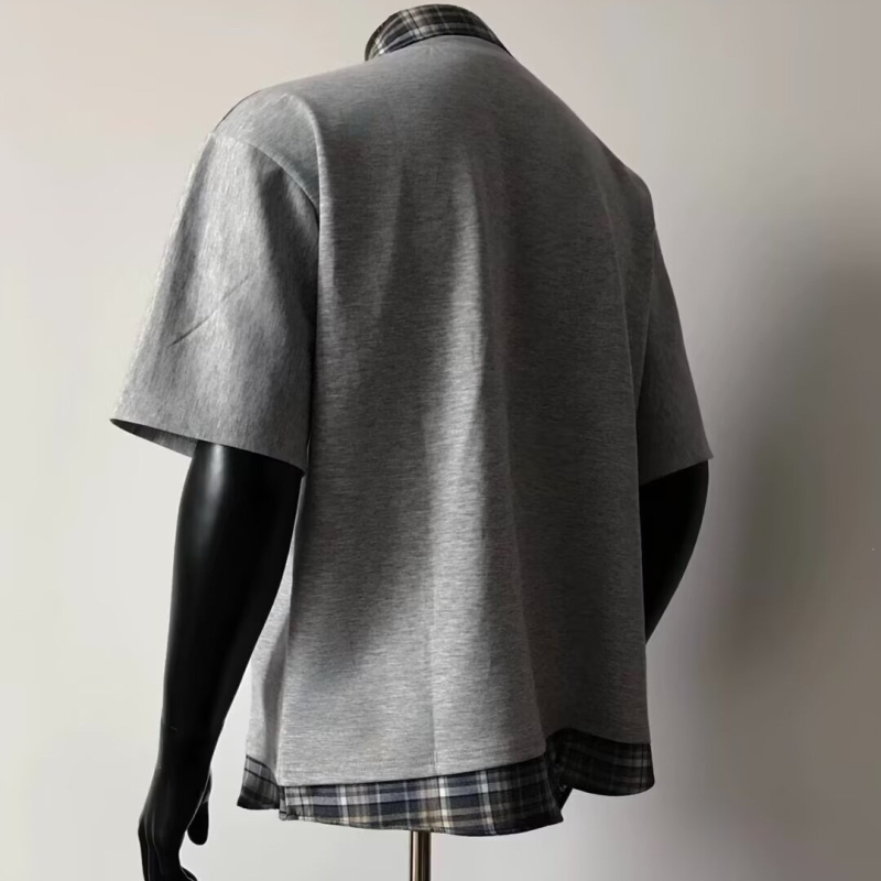 Ανδρικό polo με ιαπωνικό ρετρό στυλ και patchwork καρό, κοντό μανίκι, άνετη εφαρμογή, καλοκαιρινό στυλ κολλεγίου, casual