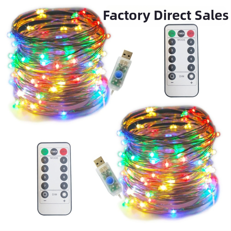 USB svetelný reťaz s meďovým vodičom a diaľkovým ovládaním, 8 funkcií, 10 m, dekoratívne záhradné a vianočné LED svetlá