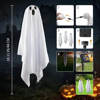 Solárna lampička s bielym duchom na vonkajšie použitie – dekorácia na Halloween, reťaz svetiel na trávnik