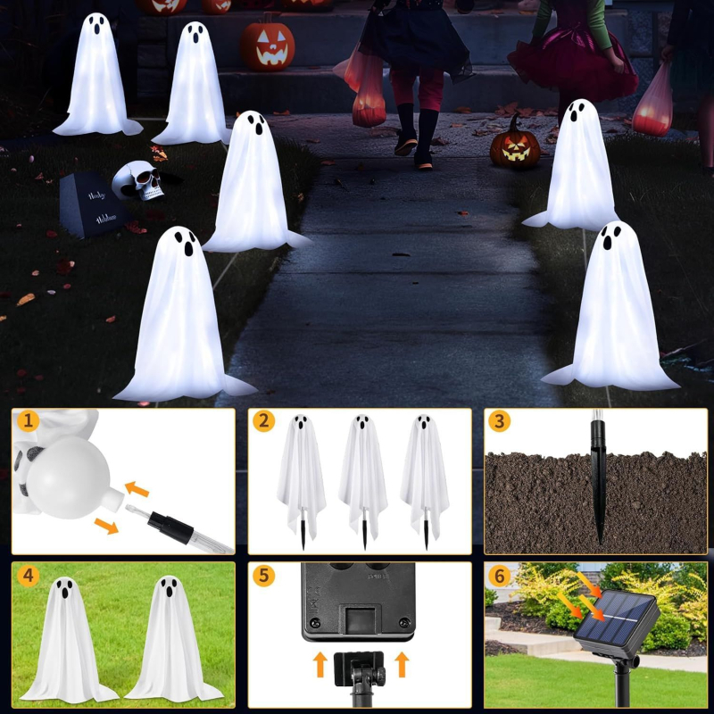 Solárna lampička s bielym duchom na vonkajšie použitie – dekorácia na Halloween, reťaz svetiel na trávnik