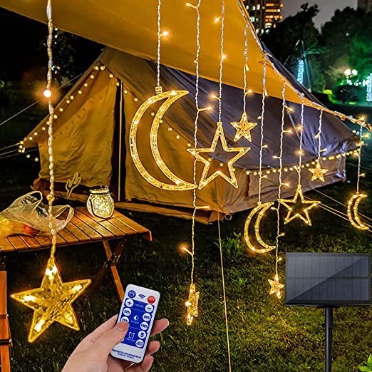 LED svetlá na záves so hviezdami a mesiacom – solárne LED reťazové svetlá do spálne a vonkajšej dekorácie