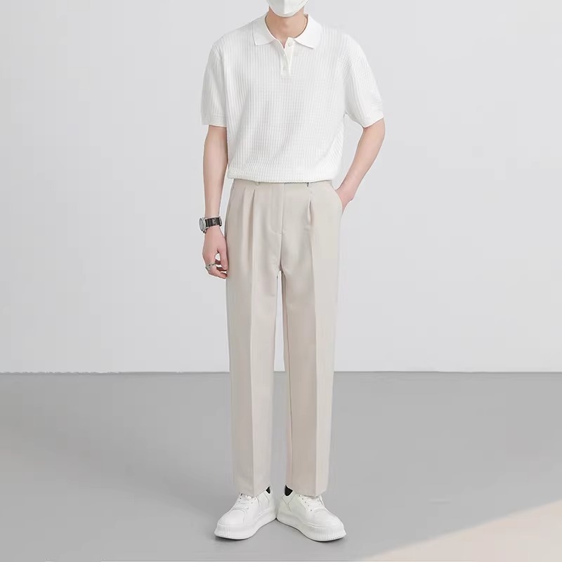 Ανδρικό καλοκαιρινό πλεκτό polo με κοντό μανίκι και γιακά, σε στυλ κορεατικό/ιαπωνικό