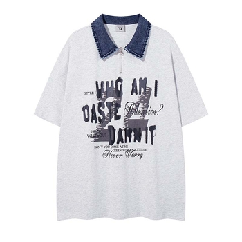 Ανδρικό polo με κοντό μανίκι, καλοκαίρι 2026, denim γιακάς με patchwork, τύπωμα γραμμάτων γκράφιτι, casual street style