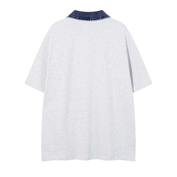 Ανδρικό polo με κοντό μανίκι, καλοκαίρι 2026, denim γιακάς με patchwork, τύπωμα γραμμάτων γκράφιτι, casual street style