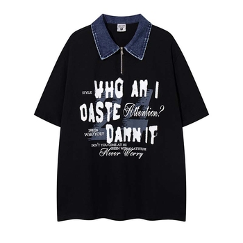 Ανδρικό polo με κοντό μανίκι, καλοκαίρι 2026, denim γιακάς με patchwork, τύπωμα γραμμάτων γκράφιτι, casual street style