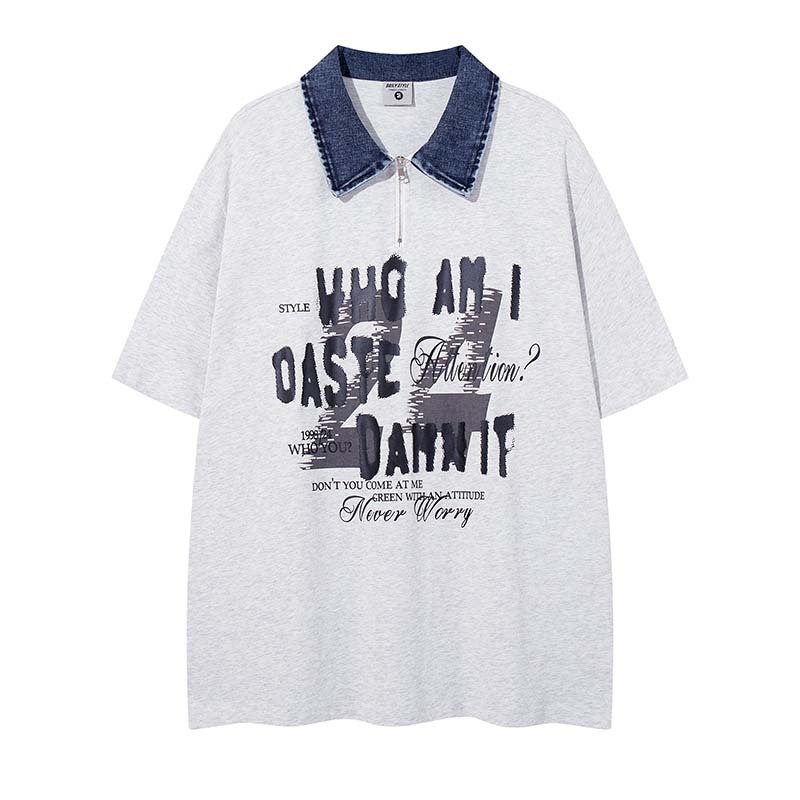 Ανδρικό polo με κοντό μανίκι, καλοκαίρι 2026, denim γιακάς με patchwork, τύπωμα γραμμάτων γκράφιτι, casual street style