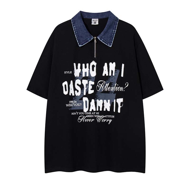 Ανδρικό polo με κοντό μανίκι, καλοκαίρι 2026, denim γιακάς με patchwork, τύπωμα γραμμάτων γκράφιτι, casual street style