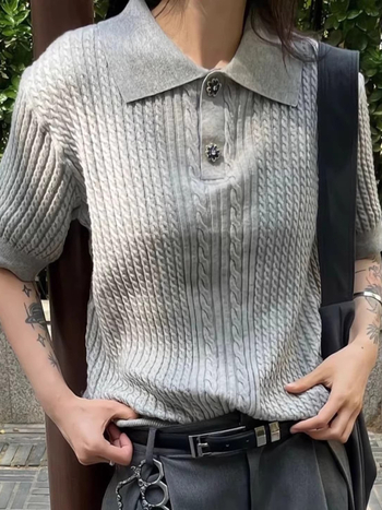 Ανδρικό πόλο με αμερικάνικο ρετρό cable-knit, κοντό μανίκι, άνοιξη-φθινόπωρο, στυλ old-money, κανονική εφαρμογή στους ώμους, καθαρή γραμμή