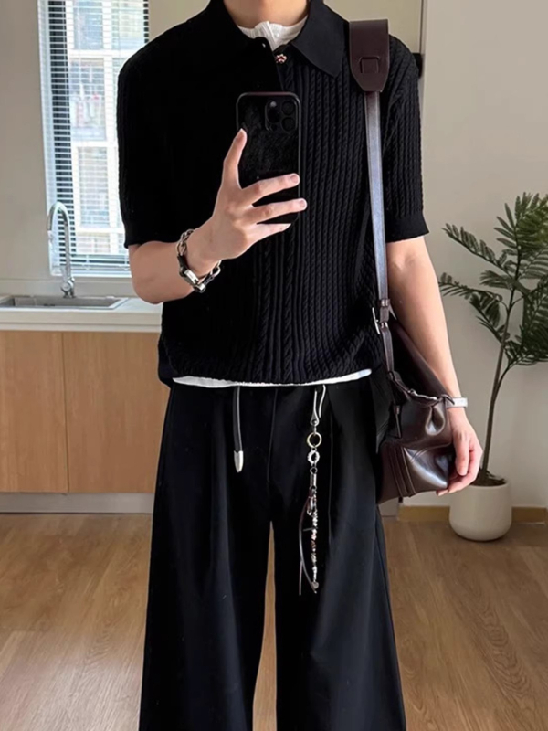 Ανδρικό πόλο με αμερικάνικο ρετρό cable-knit, κοντό μανίκι, άνοιξη-φθινόπωρο, στυλ old-money, κανονική εφαρμογή στους ώμους, καθαρή γραμμή
