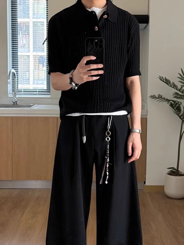 Ανδρικό πόλο με αμερικάνικο ρετρό cable-knit, κοντό μανίκι, άνοιξη-φθινόπωρο, στυλ old-money, κανονική εφαρμογή στους ώμους, καθαρή γραμμή