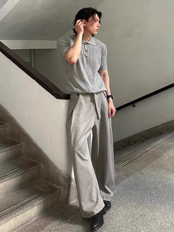Ανδρικό πόλο με αμερικάνικο ρετρό cable-knit, κοντό μανίκι, άνοιξη-φθινόπωρο, στυλ old-money, κανονική εφαρμογή στους ώμους, καθαρή γραμμή