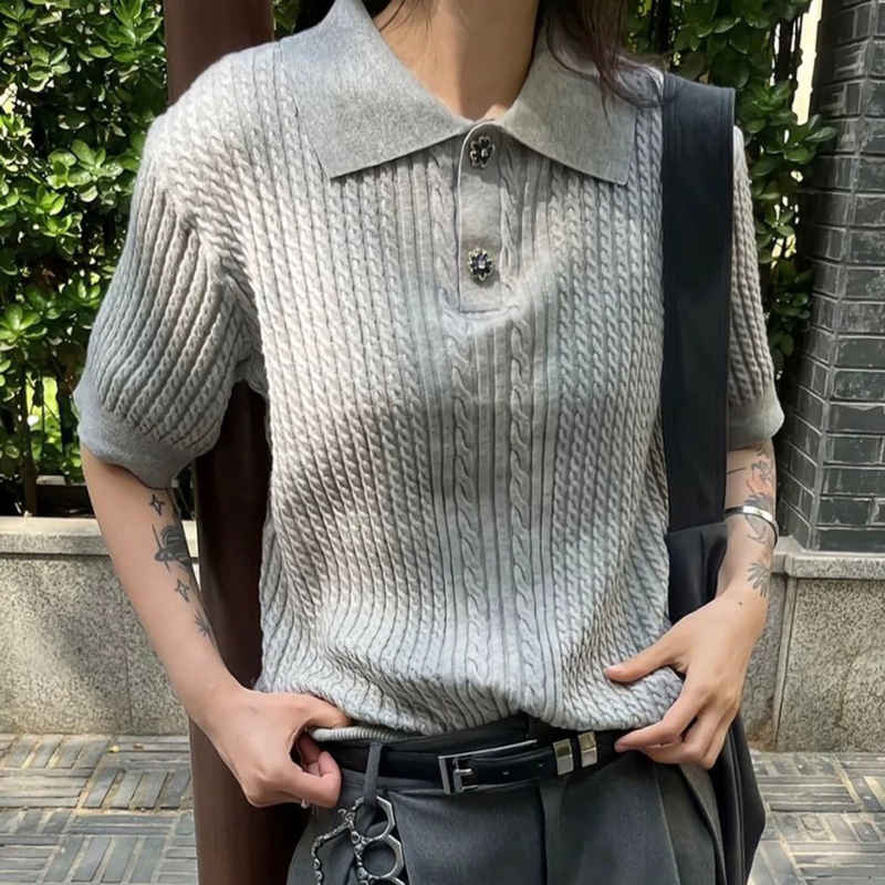 Ανδρικό πόλο με αμερικάνικο ρετρό cable-knit, κοντό μανίκι, άνοιξη-φθινόπωρο, στυλ old-money, κανονική εφαρμογή στους ώμους, καθαρή γραμμή