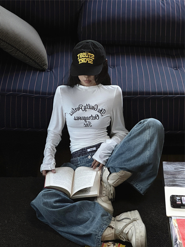 Γυναικείο λευκό μακρυμάνικο T-shirt με τύπωμα γραμμάτων, στενή γραμμή, στρογγυλός λαιμός, φθινοπωρινό τοπ σε αμερικανικό στυλ