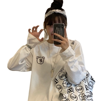 Γυναικεία βαμβακερή μακρυμάνικη T-shirt με εκτύπωση γλυκού αρκουδάκι, χαλαρή casual γραμμή, στυλ Ακαδημία