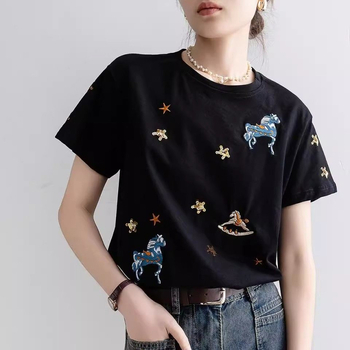 Qiaofuduo Γυναικεία κοντομάνικη βαμβακερή T‑shirt, μαύρη, χαλαρή εφαρμογή, στρογγυλός λαιμός, κεντημένο καρτούν μοτίβο