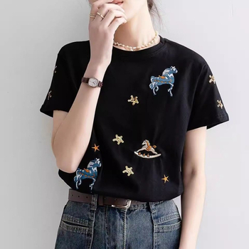 Qiaofuduo Γυναικεία κοντομάνικη βαμβακερή T‑shirt, μαύρη, χαλαρή εφαρμογή, στρογγυλός λαιμός, κεντημένο καρτούν μοτίβο