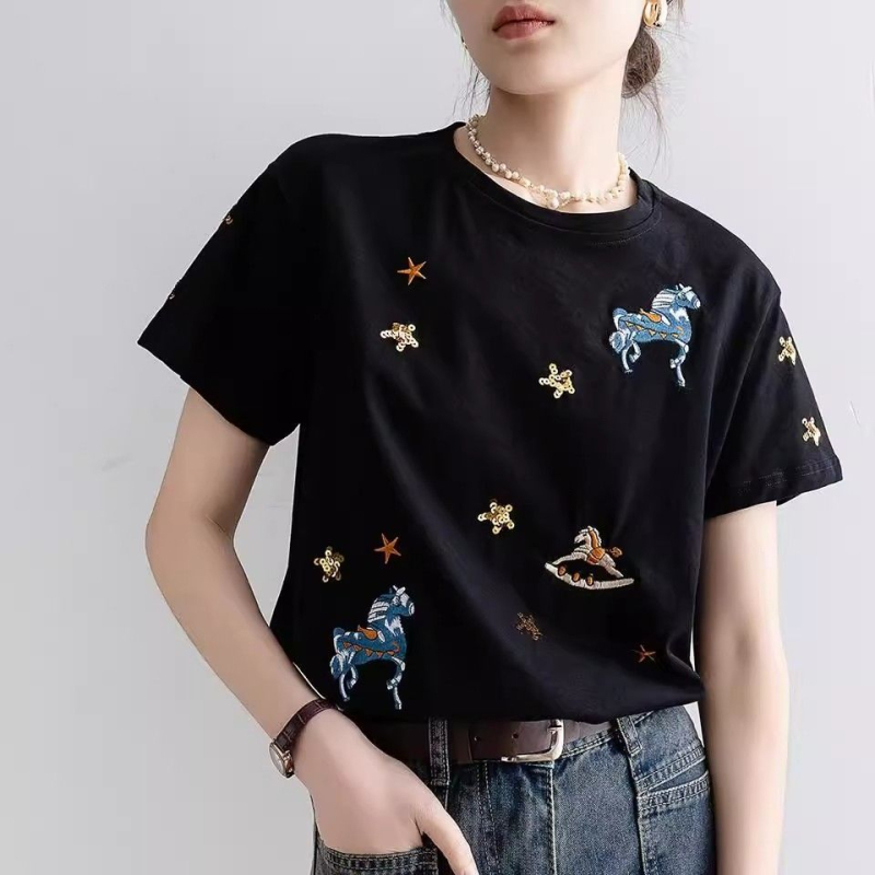 Qiaofuduo Γυναικεία κοντομάνικη βαμβακερή T‑shirt, μαύρη, χαλαρή εφαρμογή, στρογγυλός λαιμός, κεντημένο καρτούν μοτίβο