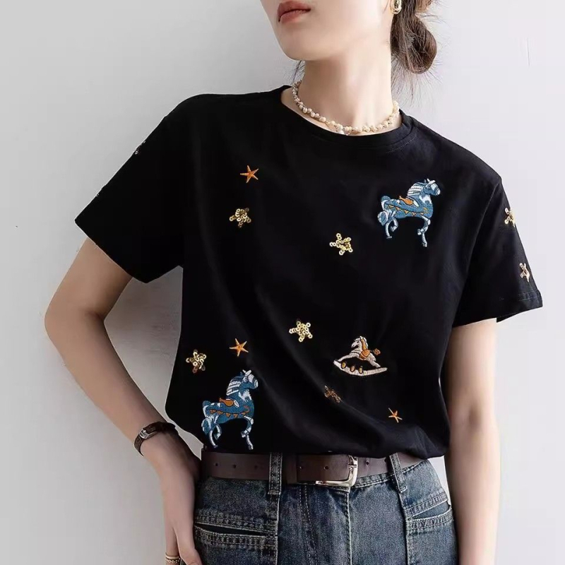 Qiaofuduo Γυναικεία κοντομάνικη βαμβακερή T‑shirt, μαύρη, χαλαρή εφαρμογή, στρογγυλός λαιμός, κεντημένο καρτούν μοτίβο