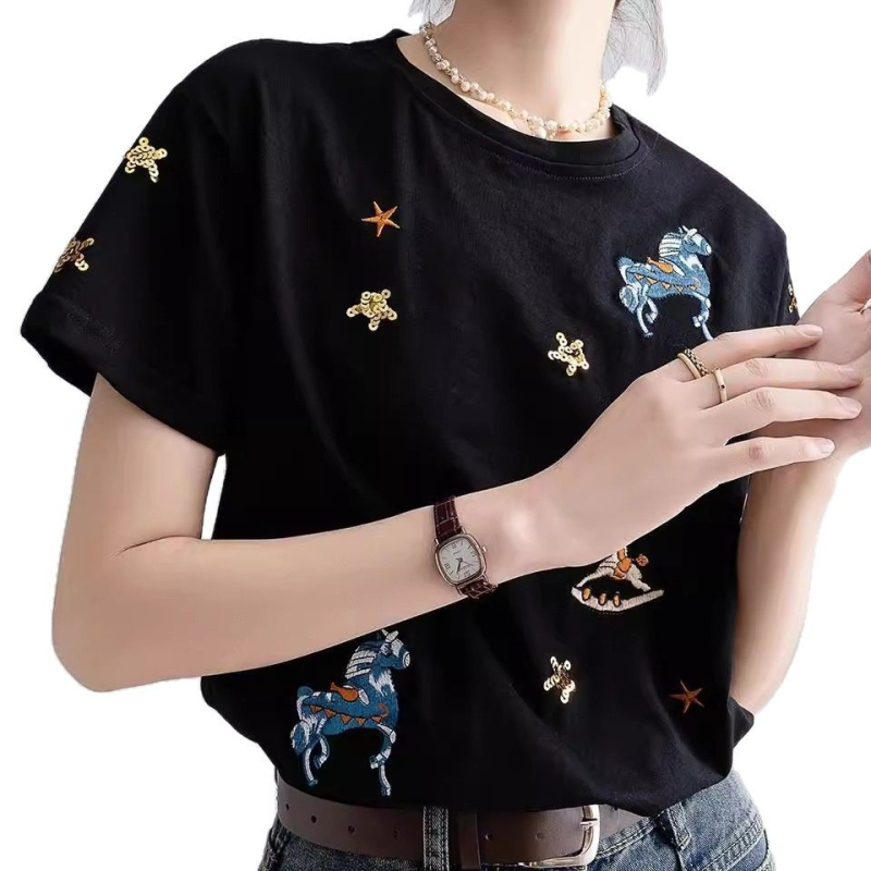 Qiaofuduo Γυναικεία κοντομάνικη βαμβακερή T‑shirt, μαύρη, χαλαρή εφαρμογή, στρογγυλός λαιμός, κεντημένο καρτούν μοτίβο