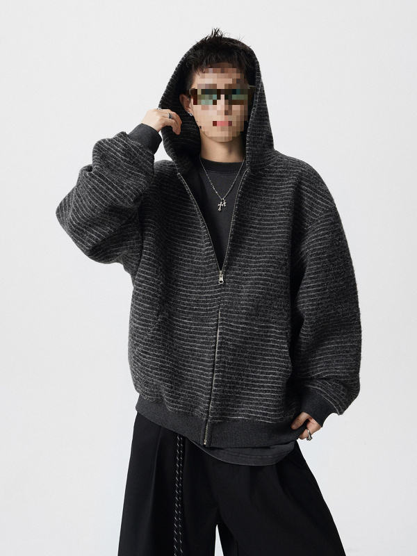 Ανδρικό ριγέ cardigan-sweatshirt με κουκούλα και φερμουάρ, φθινοπωρινό streetwear