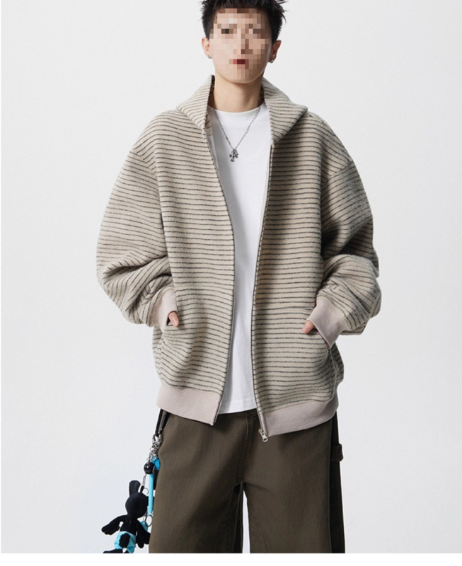 Ανδρικό ριγέ cardigan-sweatshirt με κουκούλα και φερμουάρ, φθινοπωρινό streetwear