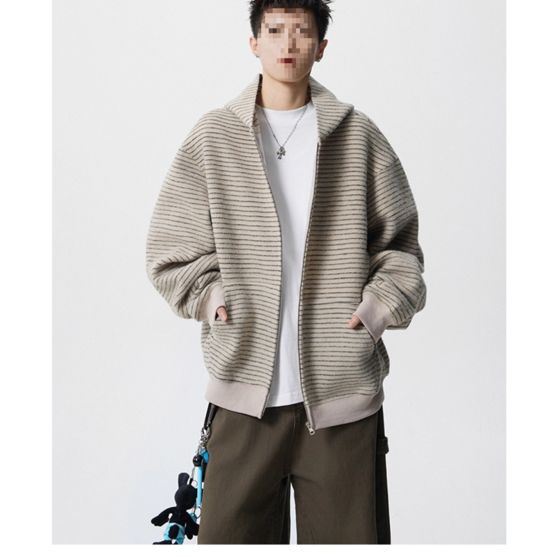 Ανδρικό ριγέ cardigan-sweatshirt με κουκούλα και φερμουάρ, φθινοπωρινό streetwear