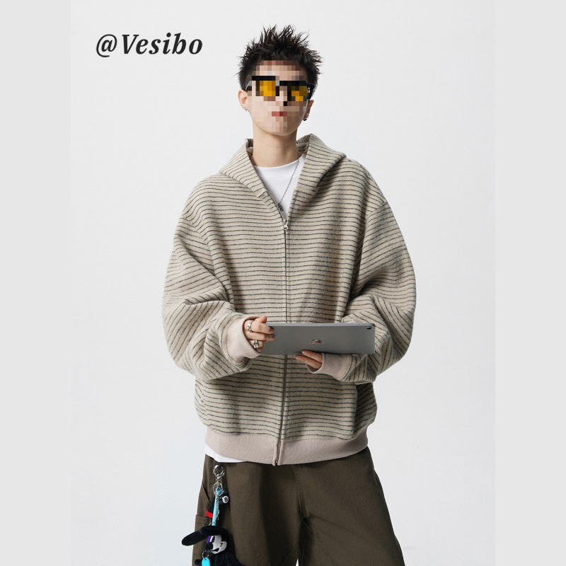 Ανδρικό ριγέ cardigan-sweatshirt με κουκούλα και φερμουάρ, φθινοπωρινό streetwear