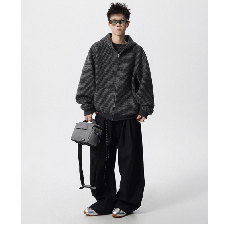 Ανδρικό ριγέ cardigan-sweatshirt με κουκούλα και φερμουάρ, φθινοπωρινό streetwear