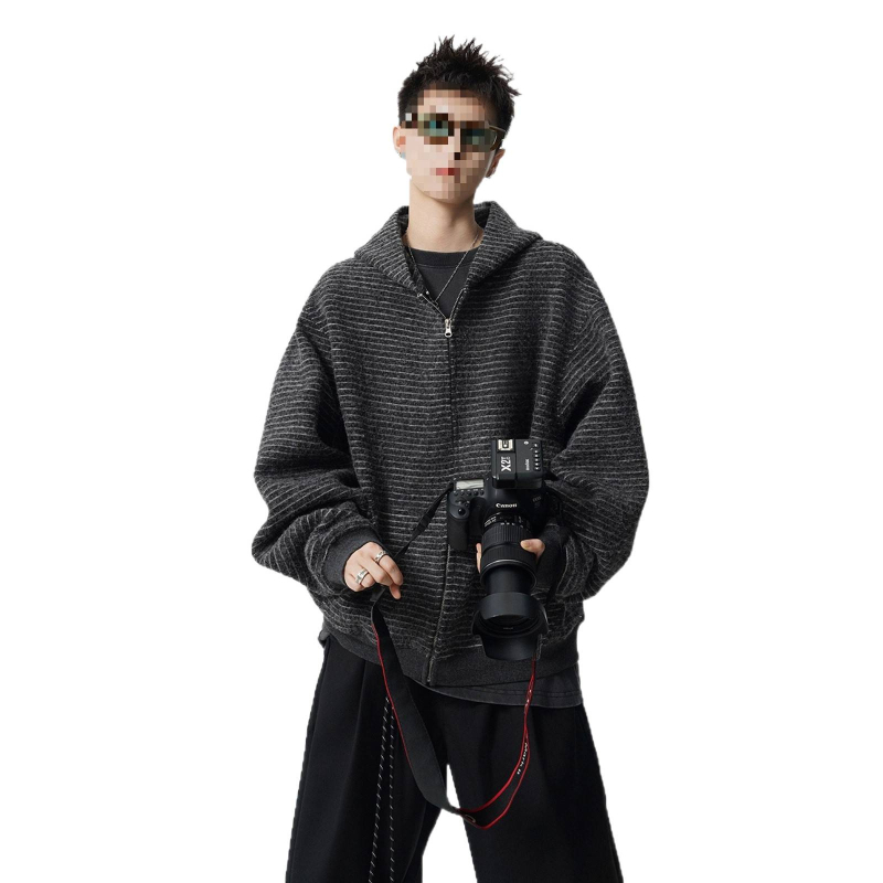 Ανδρικό ριγέ cardigan-sweatshirt με κουκούλα και φερμουάρ, φθινοπωρινό streetwear