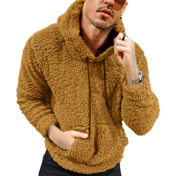 Ανδρικό φούτερ με Teddy plush γούνα, εφαρμογή-διακόσμηση, κουκούλα με κορδόνι, μακριά μανίκια