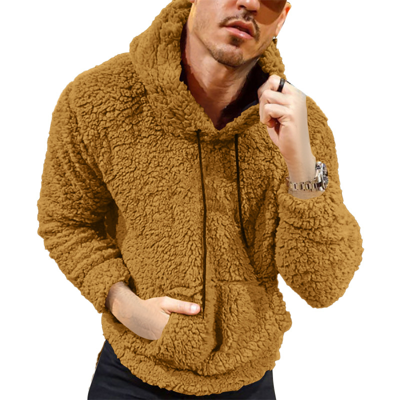 Ανδρικό φούτερ με Teddy plush γούνα, εφαρμογή-διακόσμηση, κουκούλα με κορδόνι, μακριά μανίκια