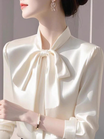 Λευκό γυναικείο πουκάμισο με φιόγκο και σατέν ύφασμα, άνοιξη 2025, κομψό για γραφείο