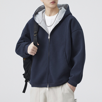 Anyang Ανδρικό cardigan-sweatshirt με κουκούλα, φθινόπωρο 2025, χαλαρή γραμμή, μονόχρωμο, μίγμα βαμβάκι-πολυεστέρα