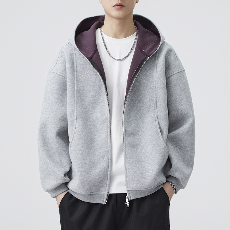 Anyang Ανδρικό cardigan-sweatshirt με κουκούλα, φθινόπωρο 2025, χαλαρή γραμμή, μονόχρωμο, μίγμα βαμβάκι-πολυεστέρα