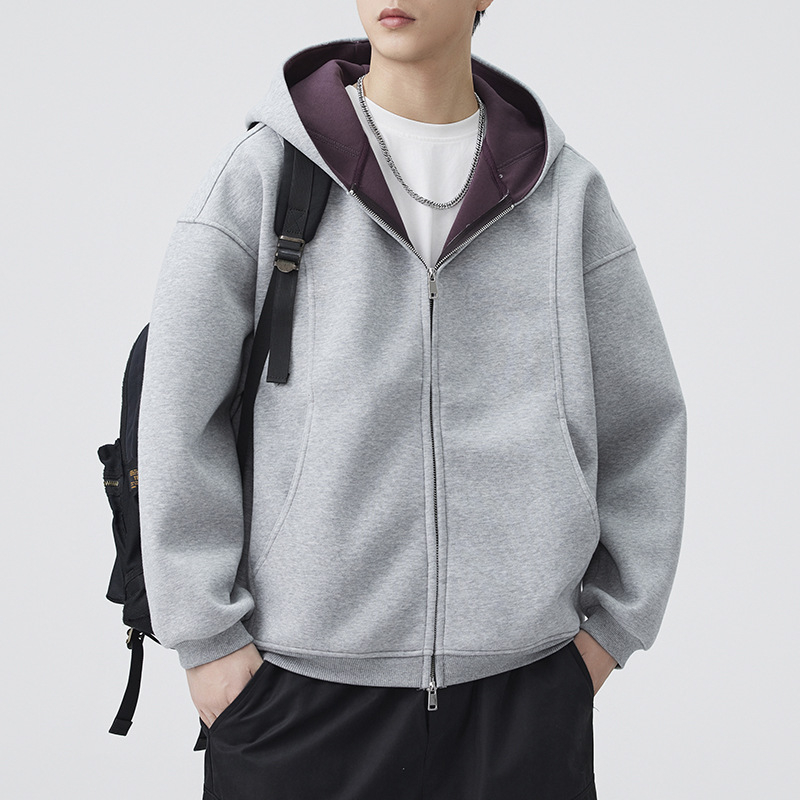 Anyang Ανδρικό cardigan-sweatshirt με κουκούλα, φθινόπωρο 2025, χαλαρή γραμμή, μονόχρωμο, μίγμα βαμβάκι-πολυεστέρα