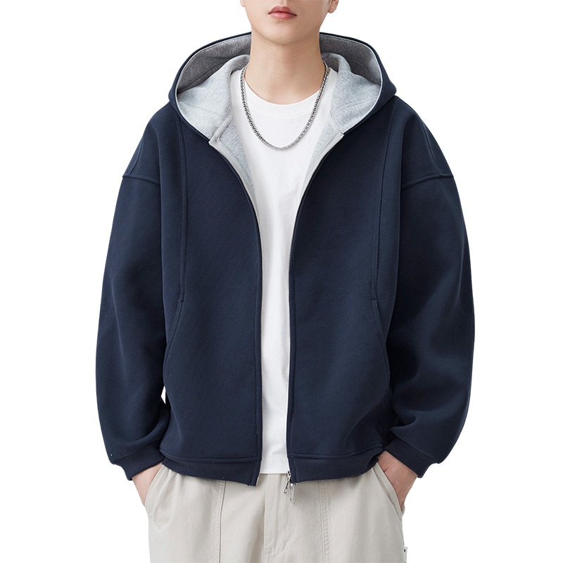 Anyang Ανδρικό cardigan-sweatshirt με κουκούλα, φθινόπωρο 2025, χαλαρή γραμμή, μονόχρωμο, μίγμα βαμβάκι-πολυεστέρα