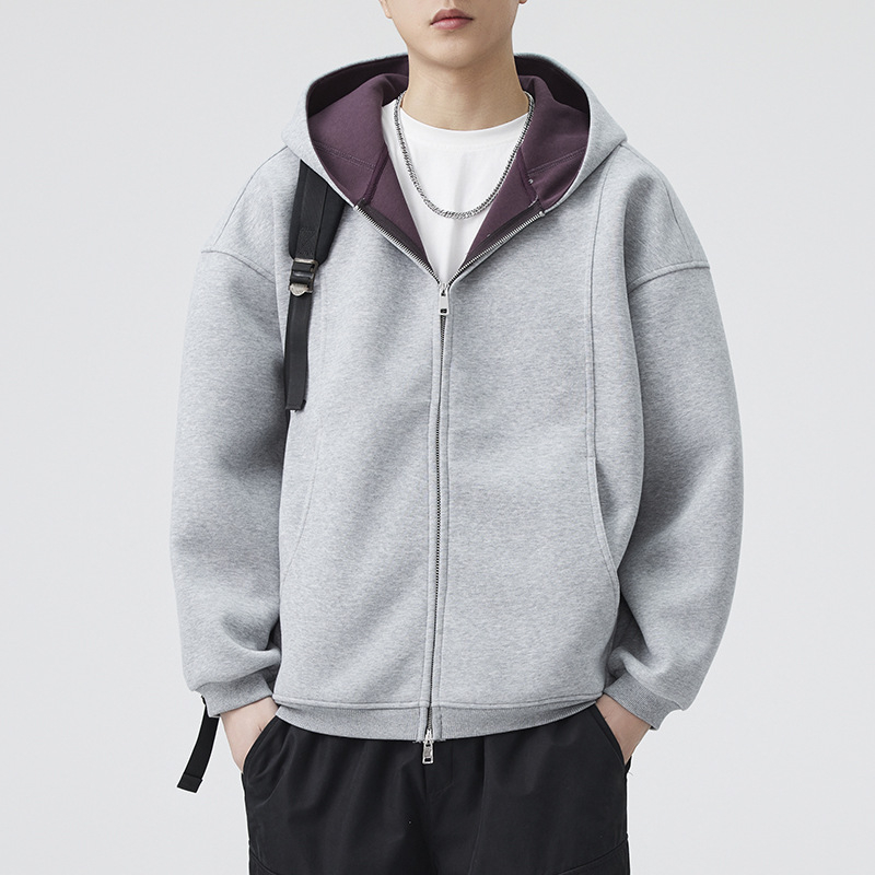 Anyang Ανδρικό cardigan-sweatshirt με κουκούλα, φθινόπωρο 2025, χαλαρή γραμμή, μονόχρωμο, μίγμα βαμβάκι-πολυεστέρα