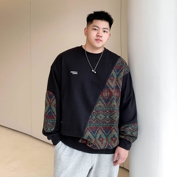 Ανδρικό φούτερ με fleece επένδυση, ethnic στυλ με πάνελ σχέδιο, χαλαρή γραμμή, στρογγυλός λαιμός, γεωμετρικό μοτίβο, μπλοκ χρωμάτων, φθινοπωρο-χειμώνας, plus size